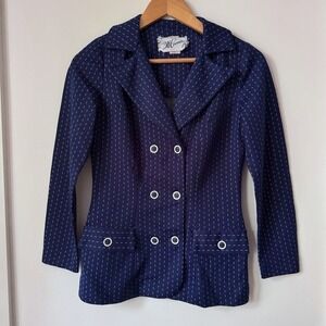 Vintage 70s Navy Blazer Womens S Mod Jacket Twee Preppy Dark Academia Retro Dots